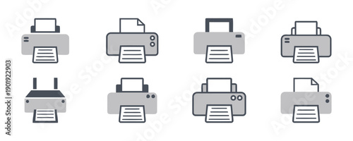 Variety of printer icons showing different designs and styles of office equipment for printing documents and paper output with scanner and fax capabilities for business use