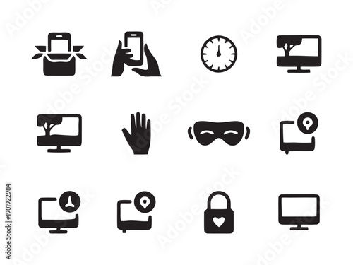 Variety of twelve black glyph icons representing technology, security, and communication elements such as computers, phones, clocks, locks, and hands for digital interface design