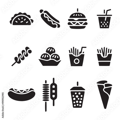 Variety of twelve fast food and street food icons, showing taco, hot dog, burger, soda cup, corn dog, dumplings, french fries, skewered meat, another hot dog, kebab, bubble tea, and ice cream cone.