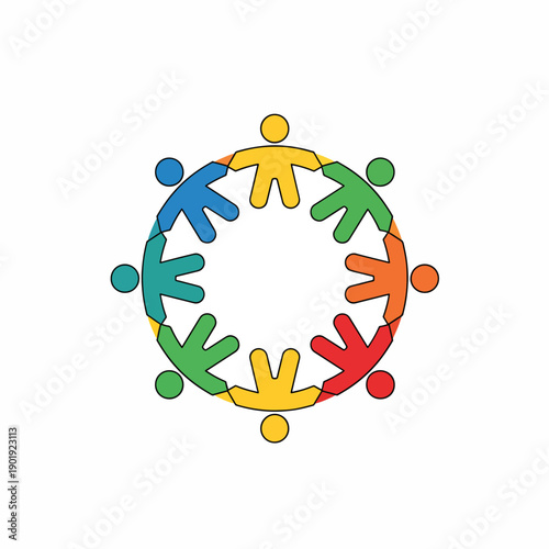 A circle of colorful stick figures linking hands in unity and cooperation