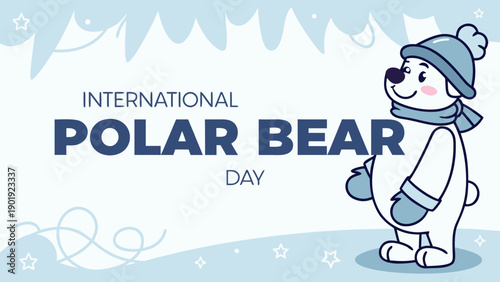International Polar Bear Day, cute cartoon polar bear character wearing a hat and scarf