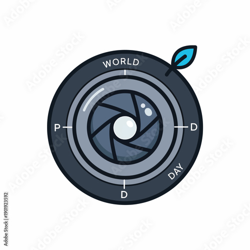 A graphic of a camera lens with a leaf and text around it