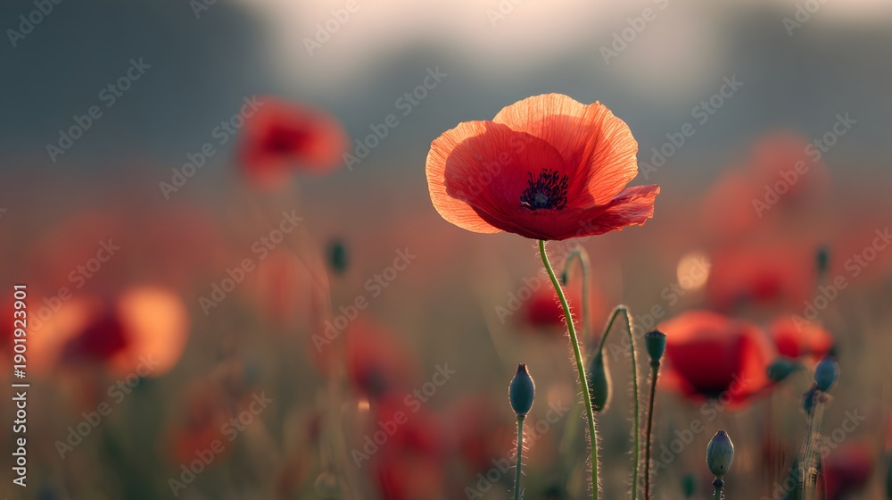 Fototapeta premium Vibrant Red Poppy Flower in a Field - A Captivating Nature Scene.