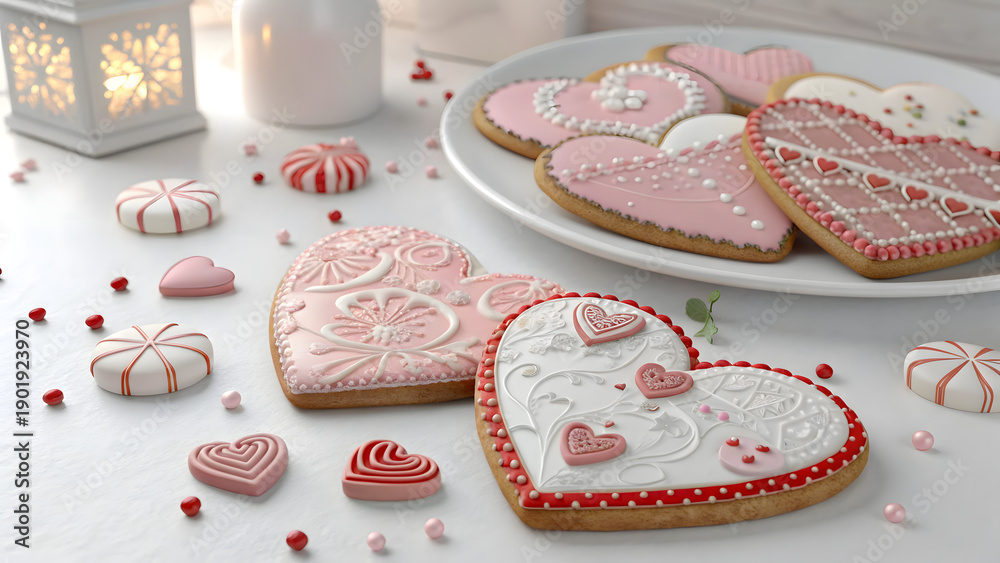 Naklejka premium Heart shaped Valentine's Day sugar cookies with pink icing and sprinkles on white plate with romantic candlelight setting