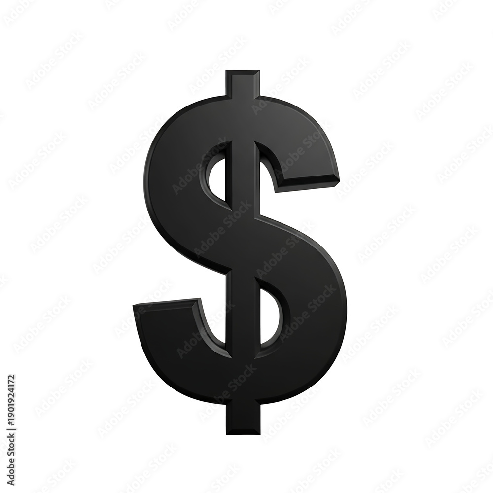 Fototapeta premium Matte black 3d dollar symbol with beveled edges on transparent grid