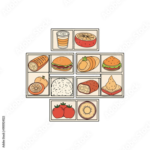 Variety of Food Items in Boxes.