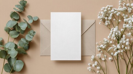 Wedding invitation card mockup with eucalyptus leaves and white gypsophila twigs, blank paper card on beige background, minimal botanical stationery flat lay with copy space