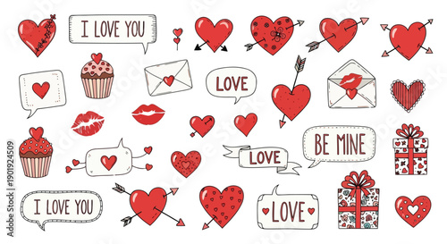 Assorted valentine's day icons featuring hearts, gifts, and romantic symbols