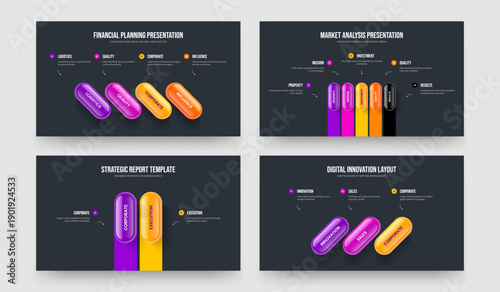 Advertising Profile Four Five Two Three Step Diagram Frame Template Vector Illustration Bundle. Product Launch 4 5 2 3 Element Infographic Slide Layout Set.