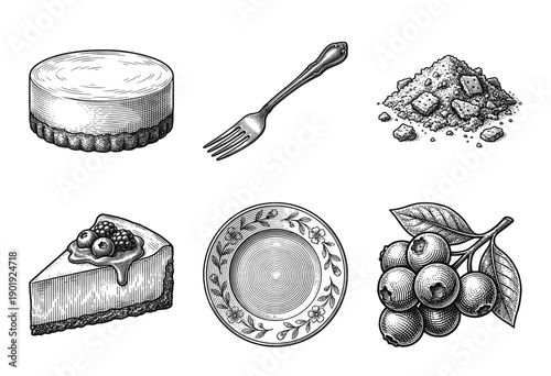 Blueberry cheesecake dessert collection featuring whole cake, slice, fresh berries, plate, fork, and crumble in vintage woodcut engraving style.