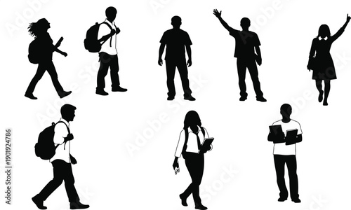 Vector silhouettes of diverse college students walking with backpacks, holding books, waving, and standing, ideal for school, university, and higher education concepts.