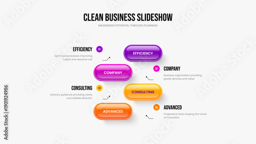 Digital Briefing Four Step Infographic Slide Design. Advertising Insight 4 Option Diagram Presentation Layout. Enterprise Introduction Frame Template Vector Illustration.