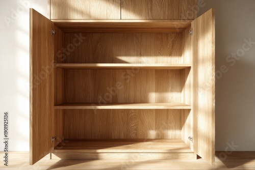 Clean cupboard interior in a neutral-toned kitchen with bare shelves