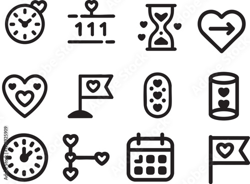 Love and relationship icons with clocks hourglasses calendars and hearts symbolizing time commitment and journey