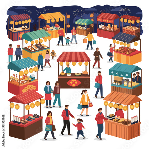 Vibrant Market Scene with Stalls and Shoppers.