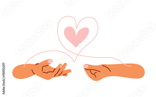 Blood donor. Two hands connected by blood transfusion tube in shape of heart. Color freehand doodle style vector illustration for donation, help, connection concept for World Blood Donor Day