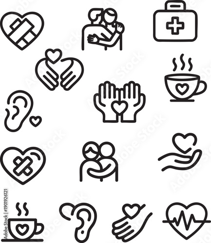 Set of icons representing love friendship support healthcare and wellbeing symbols outlined on transparent background