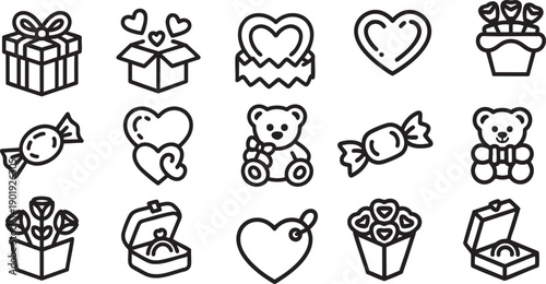 Valentines Day icons set, love symbols, gifts, teddy bears, and romantic items, flat design