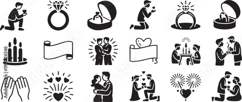 Wedding icons couple proposal ring jewelry marriage proposal ceremony and romantic celebration symbols