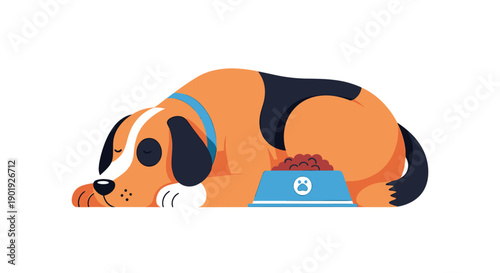 Cute cartoon beagle dog sleeping peacefully next to a full bowl of food, looking tired and content in a flat vector illustration style isolated on a white background