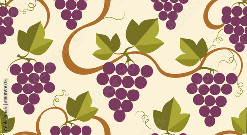 Seamless grape vine pattern with purple fruit and green leaves on a winding brown stem, a beautiful flat design illustration on a light cream background for textiles