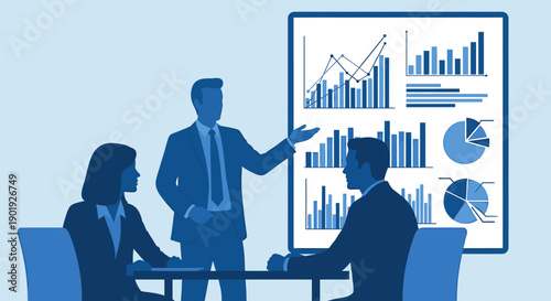 Three business people silhouettes in a meeting discussing a report with charts and graphs on a presentation board in a modern flat vector illustration style