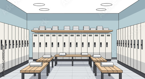 Clean and empty locker room illustration with rows of lockers, wooden benches, and folded white towels, depicted in a simple, flat cartoon style with a symmetrical perspective