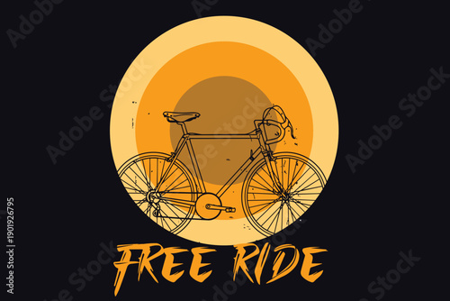Vintage bicycle silhouette with layered orange circles and FRERIDE text on dark day background bike t shirt design 