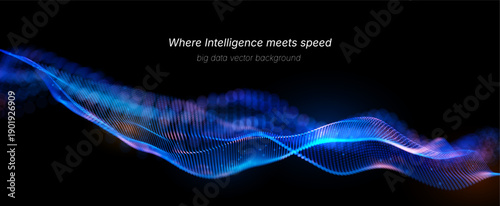 Futuristic data array visualization with flowing particle waves and digital interface representing big data analysis, pattern recognition, artificial intelligence, machine learning vector background