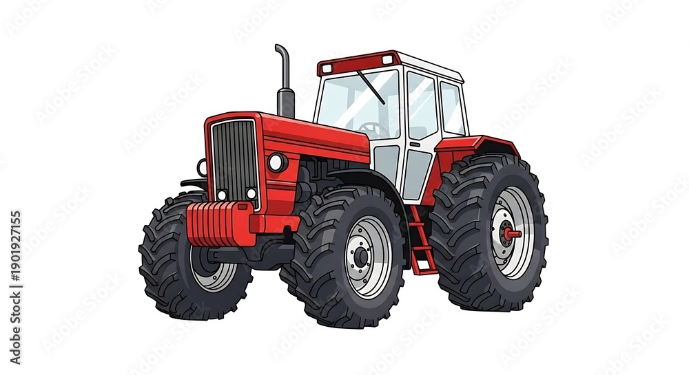 Obraz premium Red farm tractor with white cabin in cartoon illustration style on white background