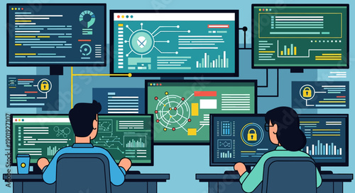 Two cybersecurity analysts working on multiple monitors with complex data dashboards and infographics in a security operations center, a flat vector illustration