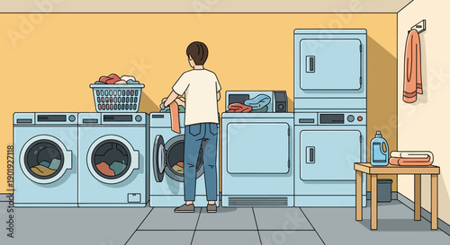 Man seen from behind loading clothes into a washing machine in a modern public laundromat or utility room, a simple flat vector illustration of a daily household chore
