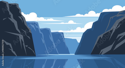 Serene fjord landscape with steep mountains and calm blue water reflecting the rocky cliffs under a beautiful sky with white clouds, a minimalist vector illustration