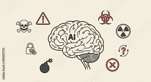 Conceptual illustration of an AI brain surrounded by danger symbols representing the risks, threats, and ethical concerns of artificial intelligence technology