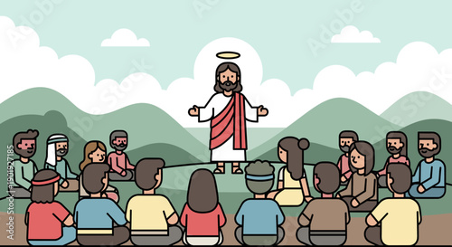 Cartoon illustration of Jesus Christ preaching to a large crowd of followers sitting on a grassy hill in a minimalist flat vector style with a simple landscape background