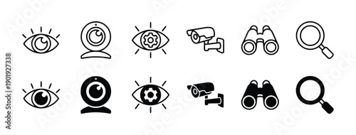 Vision and surveillance icons vector graphic representing observation monitoring and detection with eye camera binoculars and magnifying glass symbols for security research and analytics