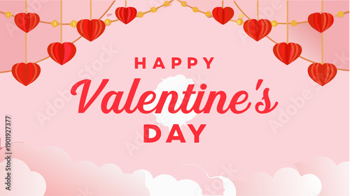 Happy Valentine's Day greeting with heart decorations and cute clouds