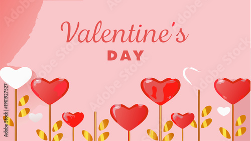 Valentine's Day celebration with heart shaped balloons on pink background