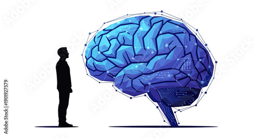 Large blue polygonal human brain with a digital network and circuit board stands next to a man's silhouette, representing artificial intelligence and neuroscience isolated on white