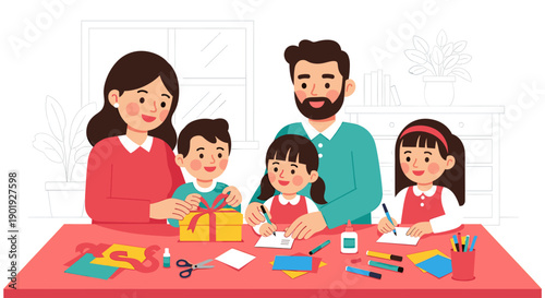 Happy illustrated family with three children gathered around a table making handmade cards and wrapping a gift together in a cozy room