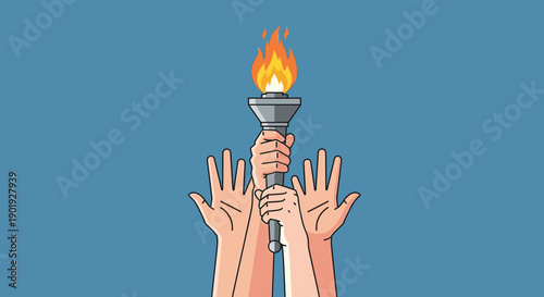 Flaming torch held aloft by multiple hands symbolizes unity, teamwork, and victory in a clean vector illustration style on a solid blue background