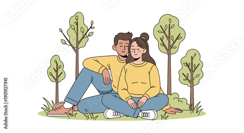 Young loving couple in matching yellow sweaters embracing peacefully while sitting on the grass in a park, a serene romantic scene in a minimalist flat vector style isolated on white
