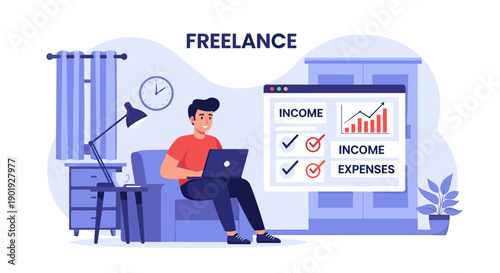Freelance man working on a laptop managing his income and expenses with a financial dashboard user interface in a home office setting, a flat vector illustration concept