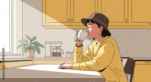 Calm young person wearing a hat enjoys a hot drink from a white mug while sitting at a kitchen counter in the morning sunlight, an anime style illustration