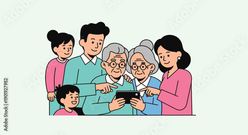 Happy multi-generational family with children and grandparents looking at a smartphone together, a cute flat vector illustration showing connection and technology