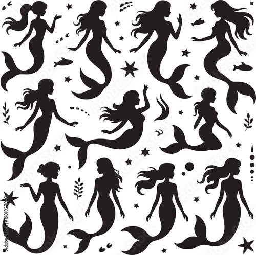 black silhouettes of mermaids and sea creatures on white background