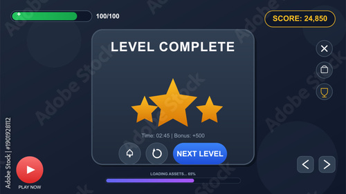 A mobile game user interface screen displays a level complete message with three gold stars, a score of twenty-four thousand, a loading bar, and various navigation buttons on a dark background.