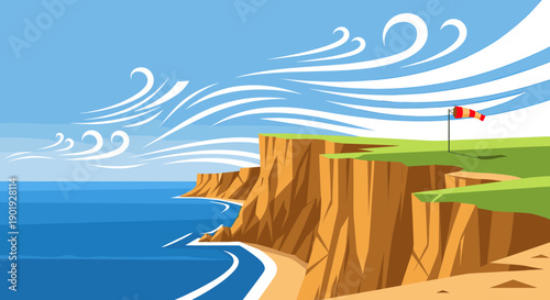 Windy coastal landscape illustration with cliffs overlooking the blue sea, featuring a windsock blowing in the strong breeze under a stylized sky on a bright day