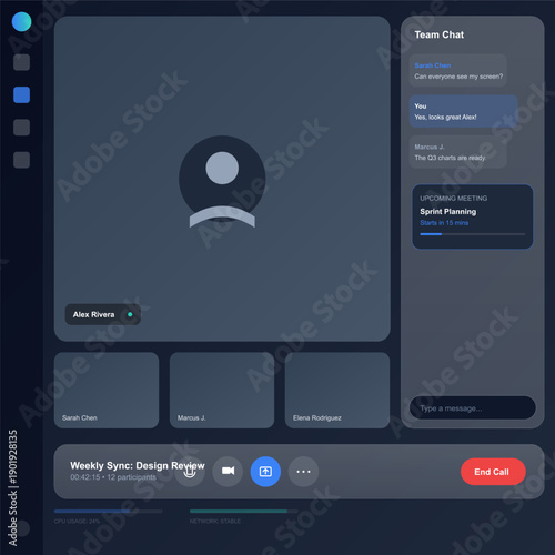 A dark mode user interface for a video conferencing application featuring a main speaker window, participant thumbnails, a team chat sidebar, and meeting control buttons.