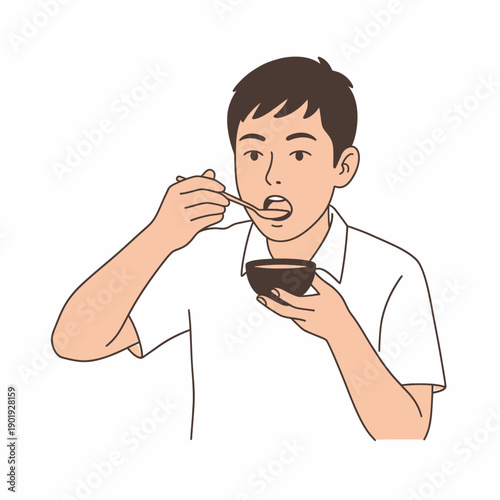 Man eating from a bowl with a spoon, illustration of a person consuming a meal